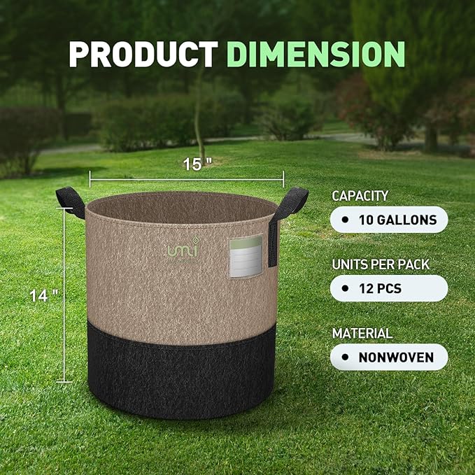 UMIG 12 Pack 10 Gallon Grow Bags, 300G Thick Non-Woven Fabric Cloth Smart Planter Pots with Handles, Black Camel Large Outdoor Garden Bags for Plants, Vegetable, Flowers