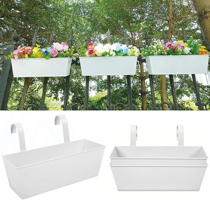 3 Pcs Large Hanging Flower Pots for Railing Or Fence 16 Inch Railing Planter Box for Any Balcony, Porch or Deck Countryside Style Window Planter Boxes Are Perfect to Herbs & Flowers for Garden (White)