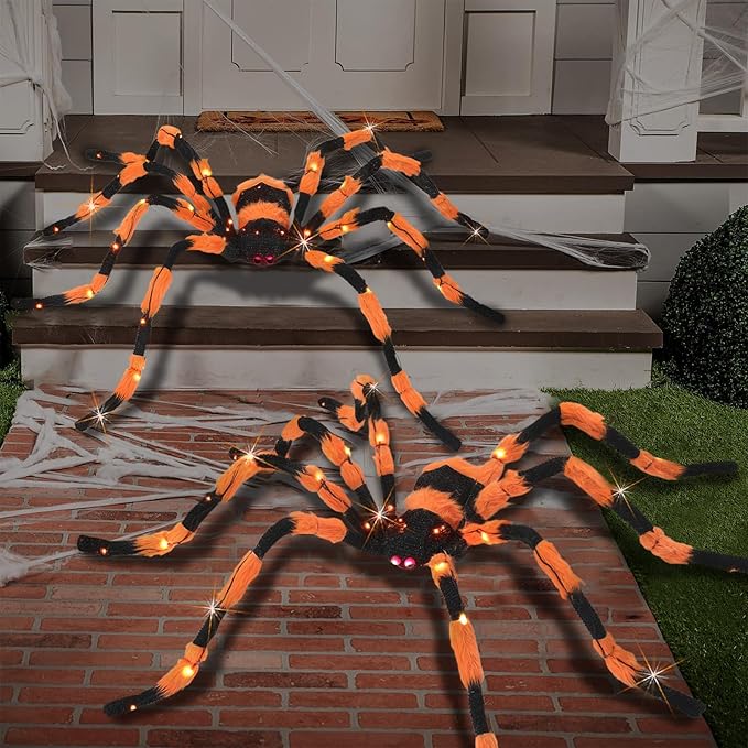 Giant Spider Halloween Decorations, 60” Big Black Lighted Halloween Spider with Red Eyes 56 LED Orange Lights Timer for Spiderweb Indoor Outdoor Yard Party Haunted House Decoration