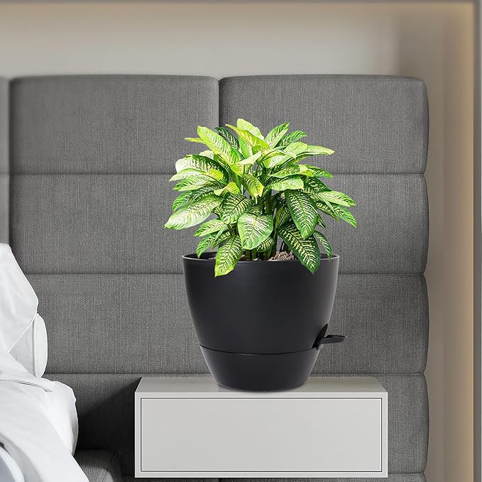 12 inch Large Self Watering Pots, Flower Plant Pots with Multi Mesh Drainage Holes for Indoor Outdoor Garden Plants and Flowers, Plastic Planters with Removable Deep Reservoir, Black