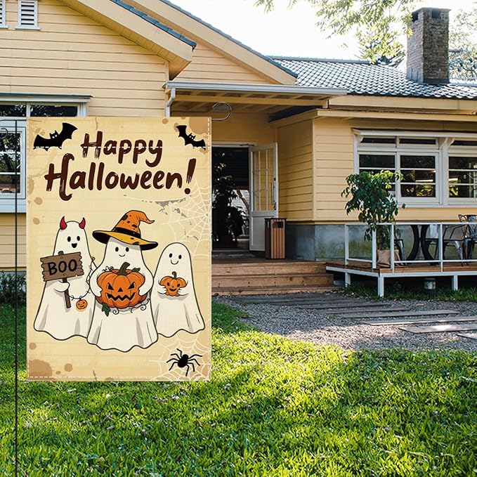 Happy Halloween Garden Flag Ghost Bat Fall Pumpkins Halloween Themed Holiday Party Outside Outdoor Lawn Decorations Yard Flag Double Sided 12x18 Inch