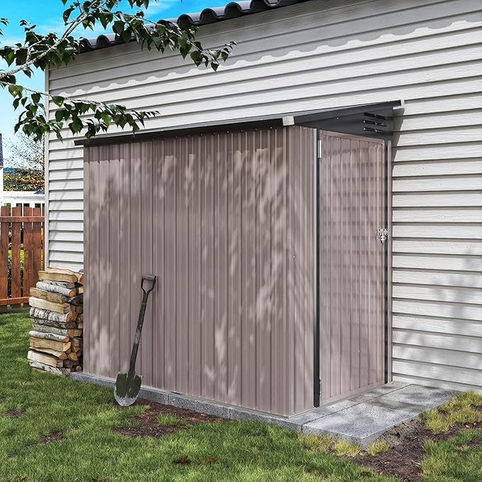 Aoxun 4x6 FT Lean to Shed Garden with Sloped Roof Metal Storage Shed with Lockable Doors & Single Door Outdoor Bike Shed for Backyard, Patio, Poolside (Brown)