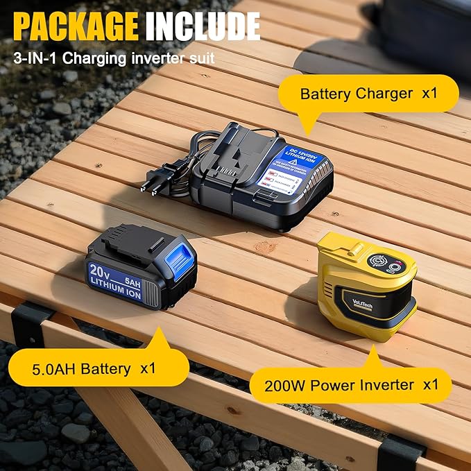 Real 200W Power Inverter Compatible With Dewalt 20V, VoLtTech Battery Inverter DC 20V to AC 110V-120V, Phone Charger Power Adapter with a 5AH Battery & Charging Station, with 2 USB-A & 1 Type-C & 1 AC