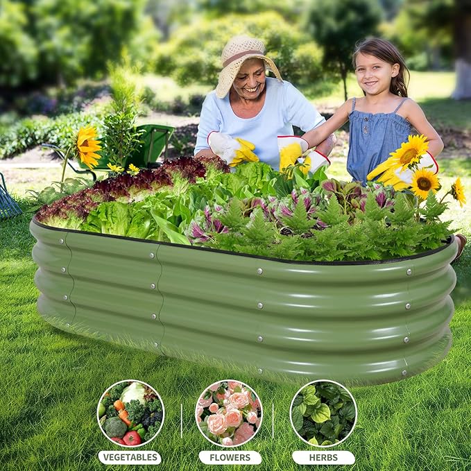 Galvanized Raised Garden Bed Outdoor- Raised Beds for Gardening| Metal Planter Box, Steel Raised Garden Bed Kit with Safety Edging and Gloves for Vegetables, Flower, Herbs (4x2x1FT, Green)