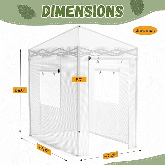 Devoko Walk-in Greenhouse, Portable Pop-in Green House with Zippered Door and 2 Roll-up Windows and PE Cover, Portable and Easy Assemble (White, 6x4 Feet)