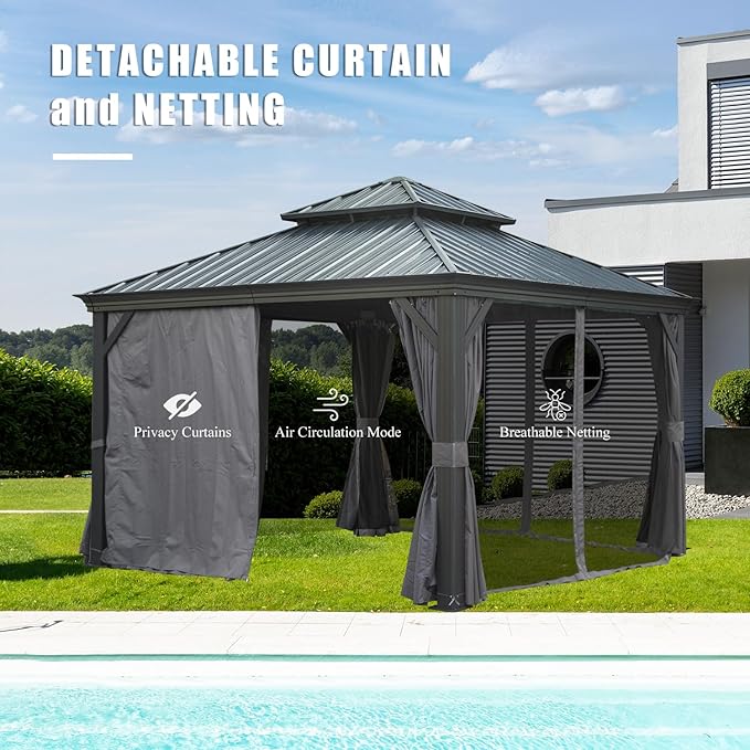 Domi 12'x12' Hardtop Gazebo Canopy,Outdoor Aluminum Gazebo with Galvanized Steel Double Roof,Permanent Gazebos with Drainage System,Curtain and Netting Included,Grey