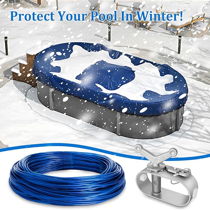 Belleone Swimming Pool Cover Cable and Winch Kit - 150ft Plastic-Coated Steel Pool Cover Wire & Aluminum Spring Loaded Pool Cover Ratchet for Above Ground Swimming Pool Winter Safe (Blue)