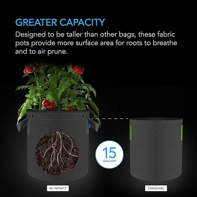 AC Infinity Heavy Duty Fabric Pots, 15 Gallon Aeration Reusable Grow Bags 5-Pack with 500G Thick Nonwoven Fabric and Multi-Purpose Rings, for Plant Hanging and Low Stress Training