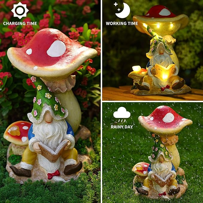 Solar Garden Outdoor Statues Gnome Reading Under Mushroom with 5 LED Solar Figurine for Lawn,Patio,Balcony,Yard Decor Unique Housewarming Gift for Grandfather, Father,Grandma,Wen