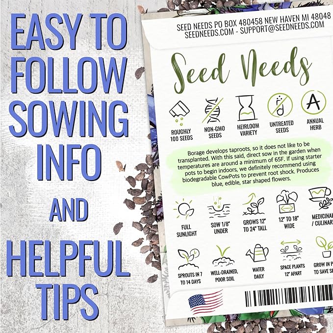 Seed Needs, Blue Borage Herb Seeds for Planting (Borago officinalis) Heirloom, Non-GMO & Untreated, Edible Flowers (1 Pack)
