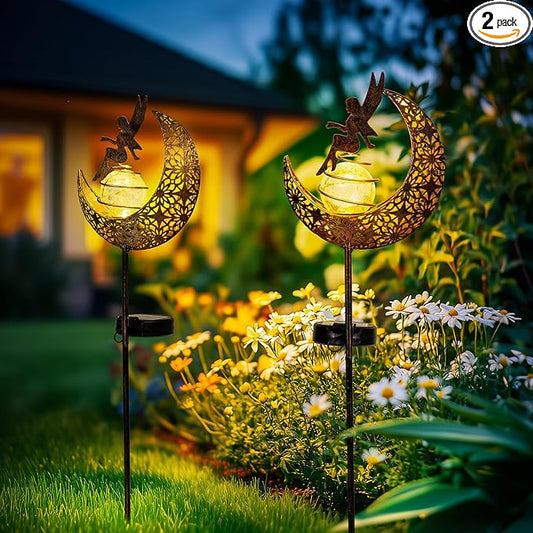 Fairy Moon Solar Lights Outdoor Garden Stakes, Waterproof Metal Decor Gifts for Women Mom, Art Moon Sculpture for Yard, Patio, Garden, Porch, 2 Pack