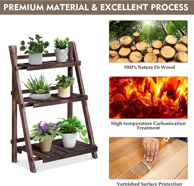 Giantex 3 Tier Folding Wooden Plant Stand, Indoor Flower Pot Holder Display Rack, Free Installation Corner Plants Storage Shelf, Foldable Rustic Wood Ladder Shelf for Home Patio Balcony Garden