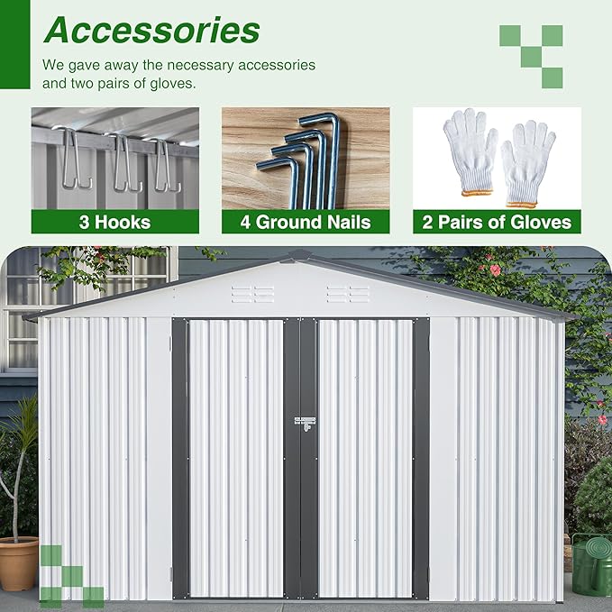 10X8 FT Outdoor Storage Shed W/Lockable Hinge Doors,Metal Shed W/Sloped Roof & 4 Air Vents,All Weather Garden Tool House for Backyard Patio Lawn,White