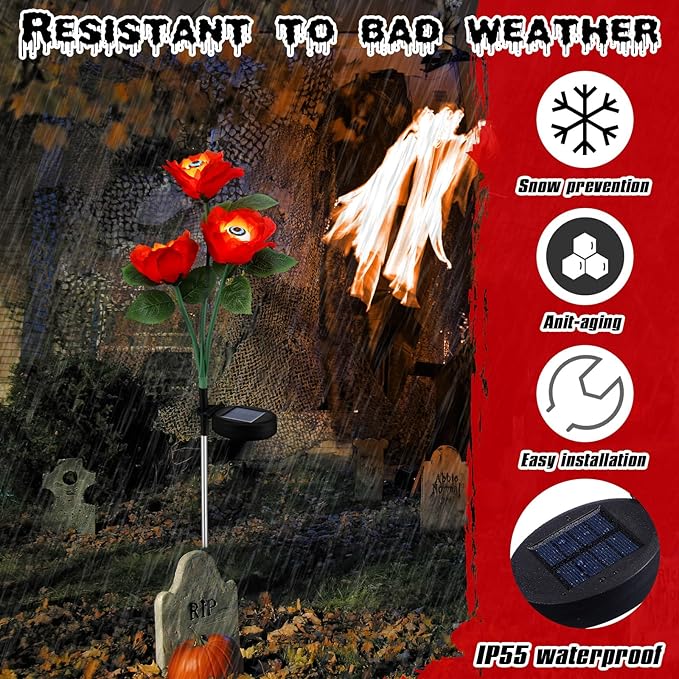 Riakrum 2 Pack Halloween Solar Eyeballs Stake Lights Waterproof Scary Roses Solar Lights Halloween Outdoor Decorations for Garden Yard Patio Pathway Lawn Party Outside Decor