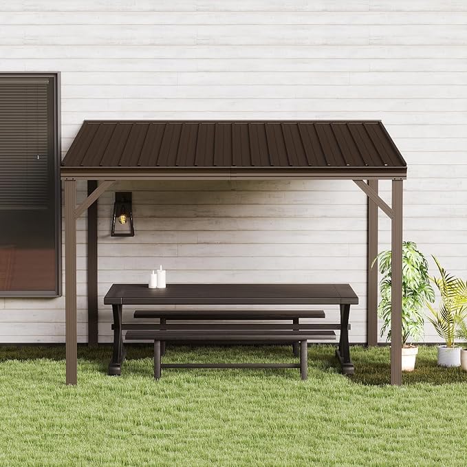 Domi 10’x10’ Wall-Mounted Hardtop Gazebo Pergola – Permanent Lean-to Outdoor Shelter with Sloped Galvanized Steel Roof & Upgraded Drainage – Grey Metal Patio Cover for Backyard, Deck, Garden, Brown