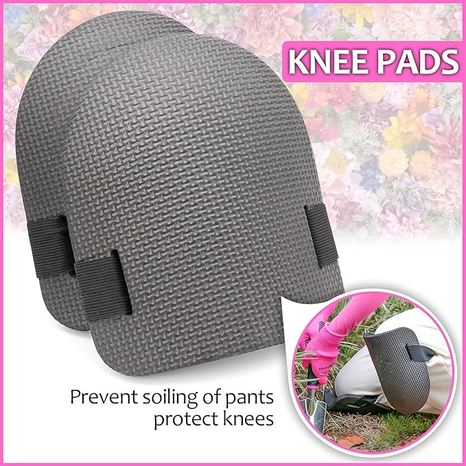 THINKWORK Pink Garden Tools, Gardening Gifts for Women, with 2 in 1 Detachable Storage Bag, Trowel, Transplanter, Rake, Weeder, Cultivator, Purning Shears and 3 Additional Protection Tools