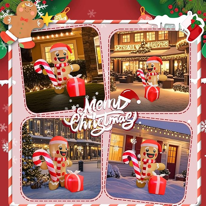 2025 Christamas Inflatable Gingerbread 6FT Gingerbread Man with Gift Box Christamas Inflatables Outdoor Decoration Xmas Gingerbread Blow Up Decor with Built-in 4 LED for Holiday Party Yard Garden Lawn