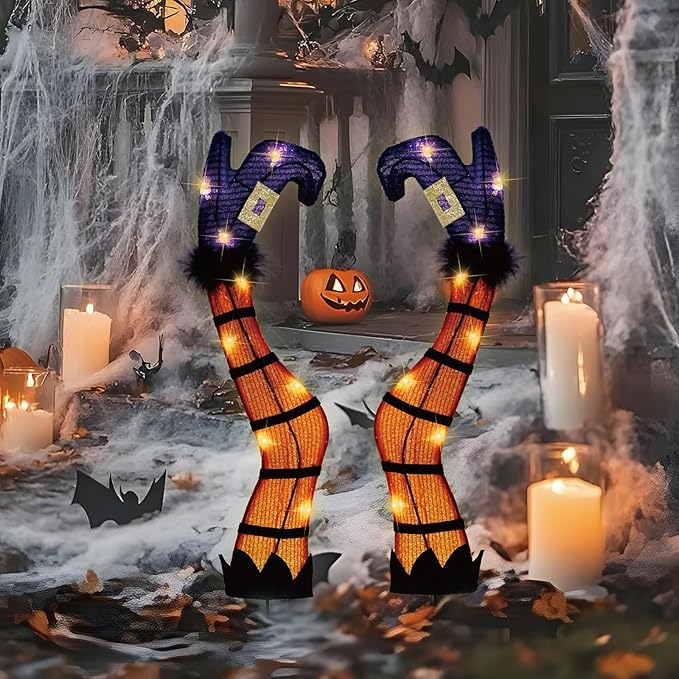 30" Halloween Lighted Witch Legs with Stakes, Light Up Witch Feet with Timer & 8 Lighting Modes, Battery Operated Witch Decor for Outdoor Yard Garden Lawns Pathway Decor (24" Leg+6" Stake)