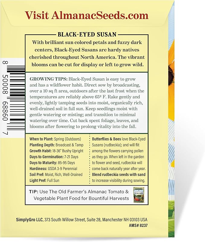 The Old Farmer's Almanac Black Eyed Susan Seeds (Rudbeckia) - Approx 1200 Flower Seeds Flower Seeds - Premium Non-GMO, Open Pollinated, USA Origin
