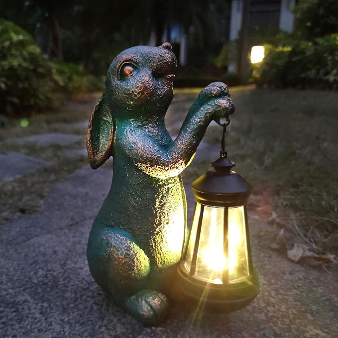Rabbit Garden Statue Outdoor Décor with Solar Lights Lantern,Rabbit Solar Light Figurines Outside Decorations for Yard,Lawn, Patio, Balcony, Unique Housewarming Gifts