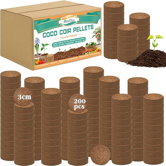 ZeeDix 200pcs(30mm) Coco Coir Pellets Potting Soil Indoor Plants, Compressed Coconut Coir Soil Pellets Seed Starting Pellets Soil Discs for Planting Flowers Bonsai Herbs Plants and Vegetables