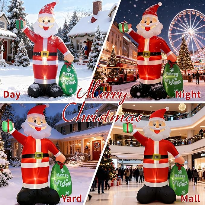 12FT Giant Christmas Inflatable Santa Claus with LED Lights and Gift Bag, Outdoor Blow Up Decorations for Yard, Indoor Holiday Party, Built-in Lights, Weatherproof, Includes Stakes & Sandbags
