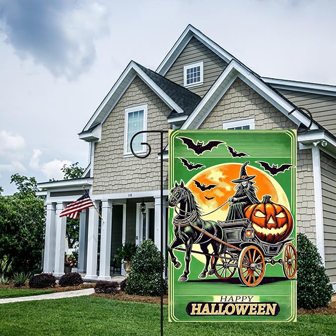 Halloween Horror Garden Flag 12x18 Inch Witch Carriage Pumpkin Moon Flag Outdoor Yard Decorations House Banner Porch Lawn Patio Home Decor