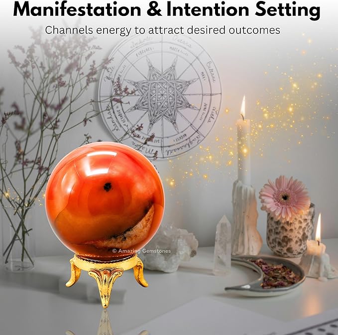 Amazing Gemstone Carnelian Crystal Ball with Stand - 2" Inches Crystal Sphere Meditation Balls for Witchcraft and Decorative Balls