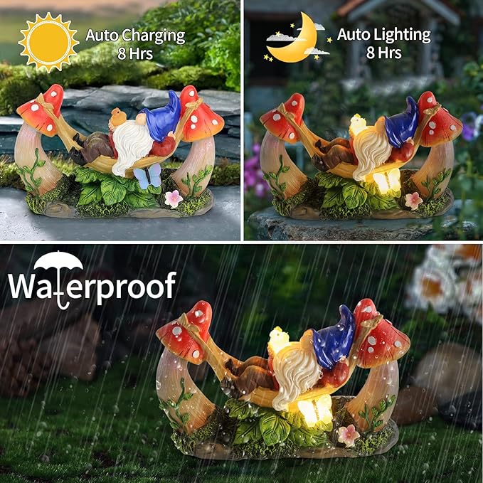 Outdoor Garden Gnome Statue,Solar Gnomes Figurine Lying on Hammock with Bird and Mushrooms,Outdoor Garden Decoration for Patio Yard Lawn Porch,Gifts for Mom/Grandma/Women