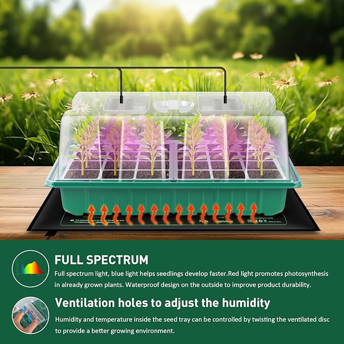 Verdenu Seed Starter Tray with Grow Lights and Heat Mat, Extra Large 24-Cell Seed Growing Tray with heightened Lid, Seed Trays with Humidity Domes for Propagation and Germination for Indoor Plants