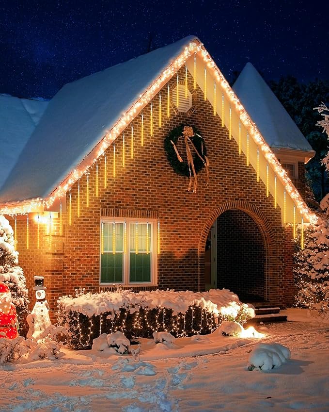 Flacchi Warm White 10 Tubes 240 LED Raindrop Meteor Shower Icicle Lights with Timer Function Cascading Falling Rain Lights for Holiday Party Christmas Decorations