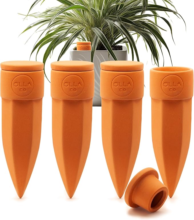 Terracotta Plant Watering Spikes - Medium - Set of 4 with Lids Ideal for 5"-8" Pots Perfect Vacation Plant Watering System & Everyday Use for Busy Plant Lovers to Water Plants