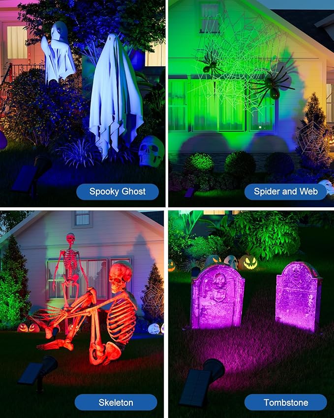 Color Changing Solar Spotlights Outdoor RGB Waterproof Landscape Flood Lights for Halloween Decorations, Skeletons, Tombstones, Pumpkin, Tree, Uplighting for Outside House, Wall, Yard, Garden, Pathway