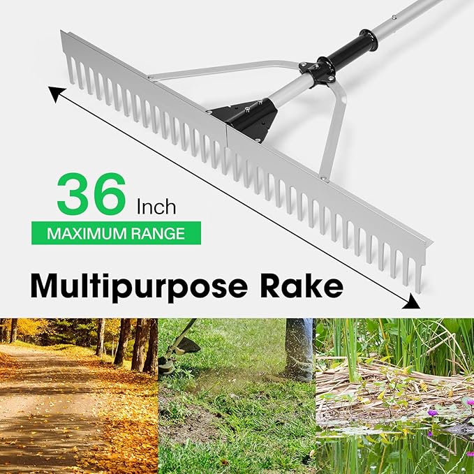 VIVOSUN 36" Landscape Rake, Aluminum Floating Rake with 8.5 FT Long Handle, Long Rope, All-Purpose Metal Floating Lake Rake, Multifunctional Foldable Weed Rake for Loosening Soil, Lawn Care and Lake