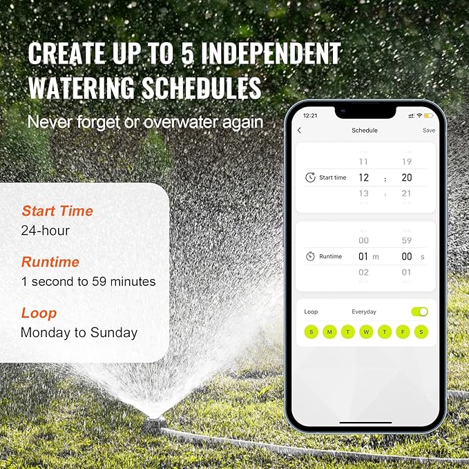 VEVOR Sprinkler Timer WiFi Water Timer, 2 Outlets, Smart Hose Faucet Water Timer with Brass Inlet, APP Remote Control via 2.4Ghz WiFi or Bluetooth, Voice Control, IPX6 for Garden, Yard Watering