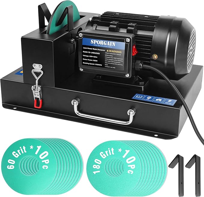 Lawn Mower Blade Sharpener 2/3 HP 500W, 7" Ceramic Wheel with 9 Extra Sandpapers, Heavy-Duty Sharpening Machine for High/Low Lift, Gator & Flat Blades