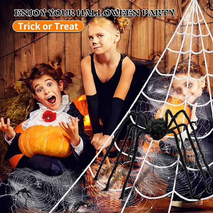 2 Pcs 59" Giant Halloween Spider+11.8" Baby Spider+212" Giant Spider Web, Large Halloween Yard Lawn Holiday Decor