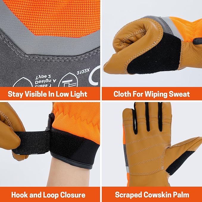 Chainsaw Gloves, Genuine Leather Logging Safety Gloves, 12-Layer Anti-cutting Protection on Left Hand Back, Cowskin