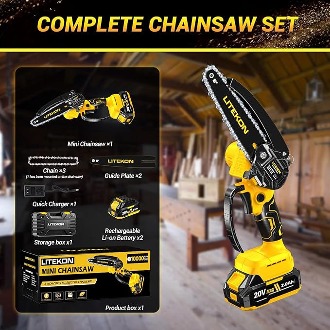 Mini Chainsaw with 1000 Watt High Power Motor, 36 FT/S Cordless Power Chainsaw with Auto-Oil System, 2025 Upgraded 6Inch 20V Electric Chain Saw with 2x2000mAh Battery & Quick Charger, 3 Chains
