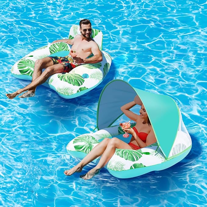 【Upgraded】 Pool Floats Adult with Canopy, XL Inflatable Pool Floaties for Adults Heavy Duty, Pool Chair and Lounge for Swimming in Pool Beach Lake, Float for Pool Floating with Cup Holder, Backrest