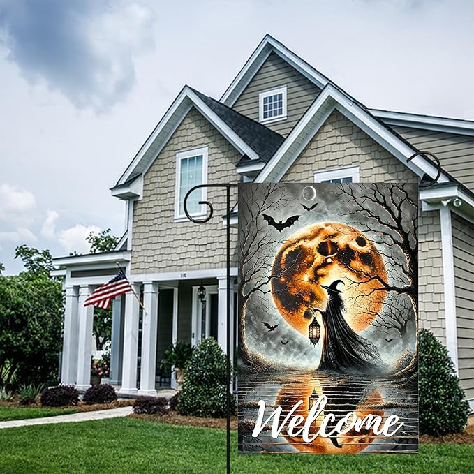 Halloween Garden Flag 12x18 Inch Witch Welcome Spooky Flag Full Moon Bats Haunted Outdoor Yard Decor House Banner Porch Lawn Patio Home Decoration