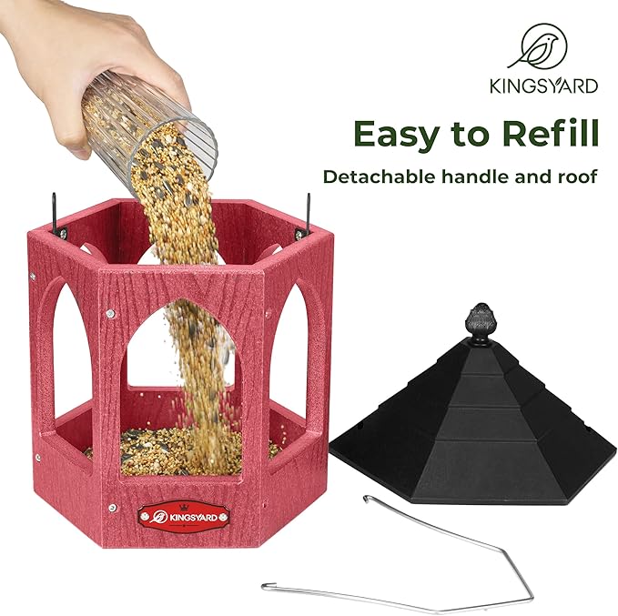 Kingsyard Platform Bird Feeder for Outdoor Hanging - Gazebo Style Recycled Plastic Wild Bird Feeding Station with Rain-Proof Roof & Metal Mesh Tray. Red