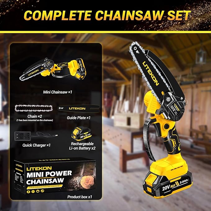 Cordless Mini Chainsaw Kit with 2000mAh Battery & Quick Charger & 2 Chains - 2025 Upgraded Best 6Inch Electric Chain Saw with Auto-Oil System, Brushles High Power Motor - Perfect for Gifts