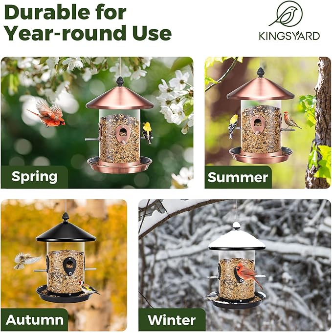 Kingsyard Metal Bird Feeders for Outdoors Hanging with 8 Ports, 4.5 lbs Large Tube Bird Feeder with Seed Tray for Cardinal Finch, Easy to Fill and Clean, Copper