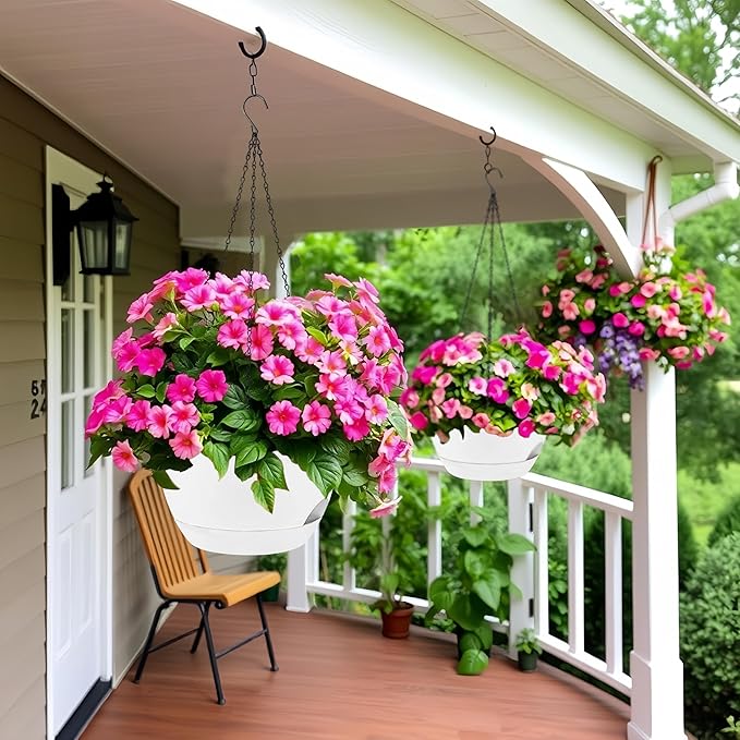 2 Pack 12 Inch Large Hanging Planters with Chains Self Watering White Plastic Hanging Pots for Indoor Outdoor Plants, Garden Porch Home Decor,White