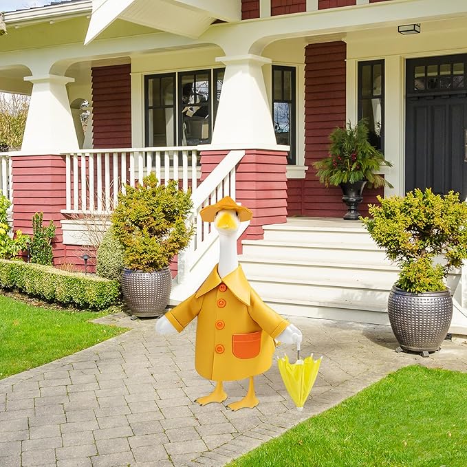 Raincoat Porch Goose Outfit for Large 23" High Cement or Plastic Goose Statue, Spring Yard Goose Cloths with Yellow Umbrella Decor for Outdoor Lawn Gaden Patio