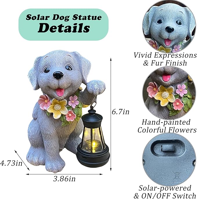 Solar Dog Statue for Garden, Dogs Solar Light with Lantern, Outdoor Cute Dog Statues for Yard, Lawn, Patio Decoration, Birthday, Housewarming, Gardening Gifts for Women