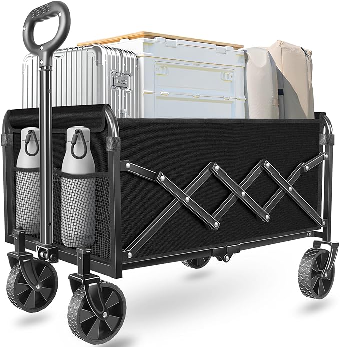 Collapsible Wagon Cart Foldable - Portable Folding Beach Wagons with Wheels - Heavy Duty Utility Carts for Groceries, Shopping, Camping, Sports, Garden - Black