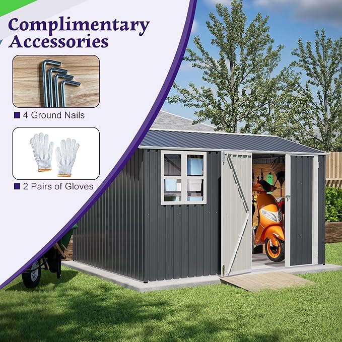 10X8FT Outdoor Steel Storage Shed with Clear Window, Lockable Doors, Weather-Resistant Metal Tool Shed for Garden, Backyard, Patio, and Utility Storage,Gray