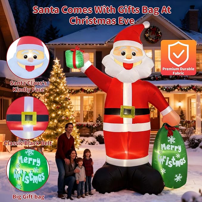 12FT Giant Christmas Inflatable Santa Claus with LED Lights and Gift Bag, Outdoor Blow Up Decorations for Yard, Indoor Holiday Party, Built-in Lights, Weatherproof, Includes Stakes & Sandbags
